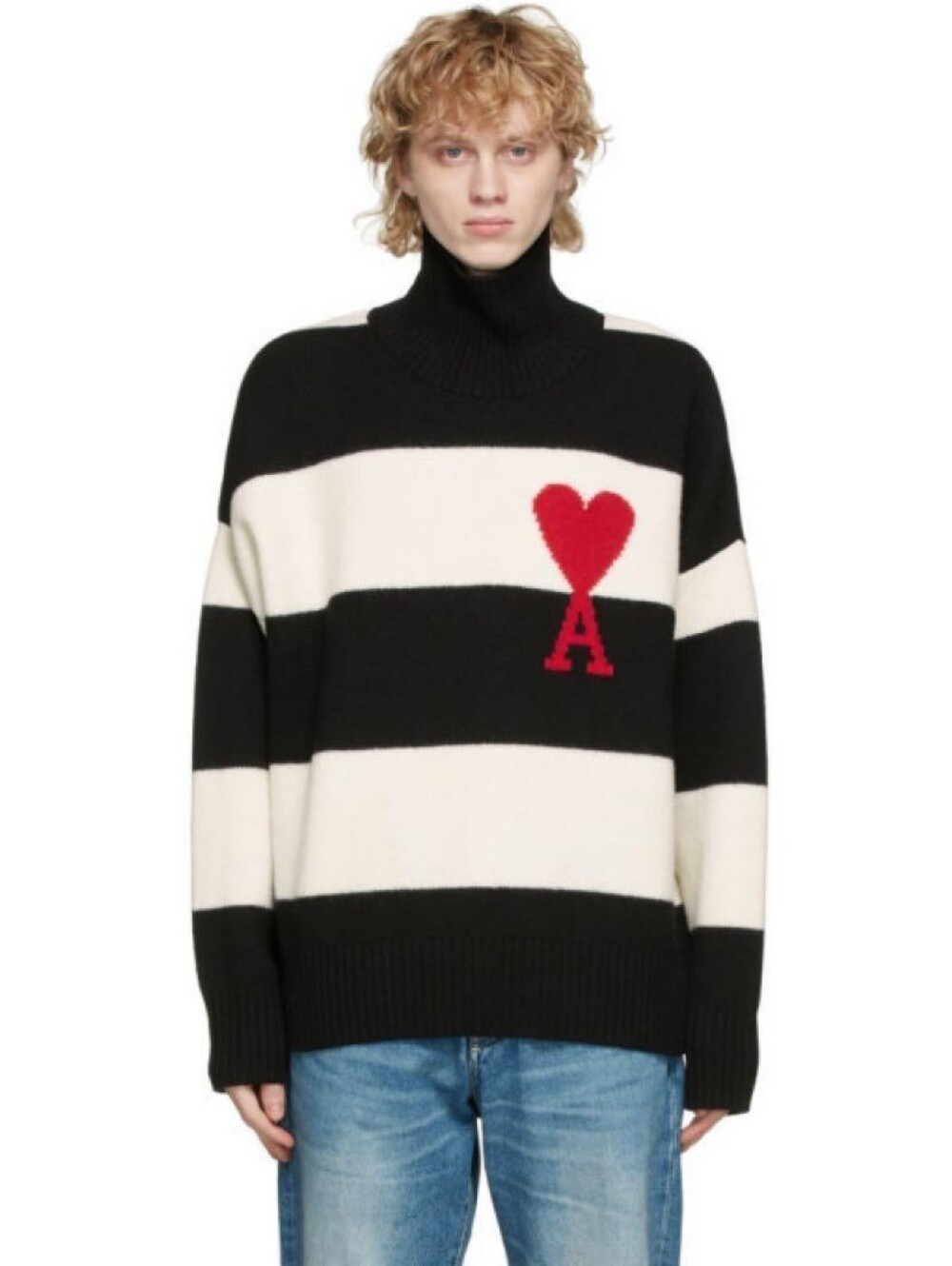 AMI Alexandre Mattiussi Black & White Striped De Coeur Wool Turtleneck Sweater